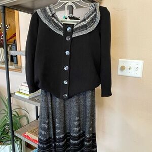 Black and Gray Button-Up Knit Cardigan and Matching Skirt